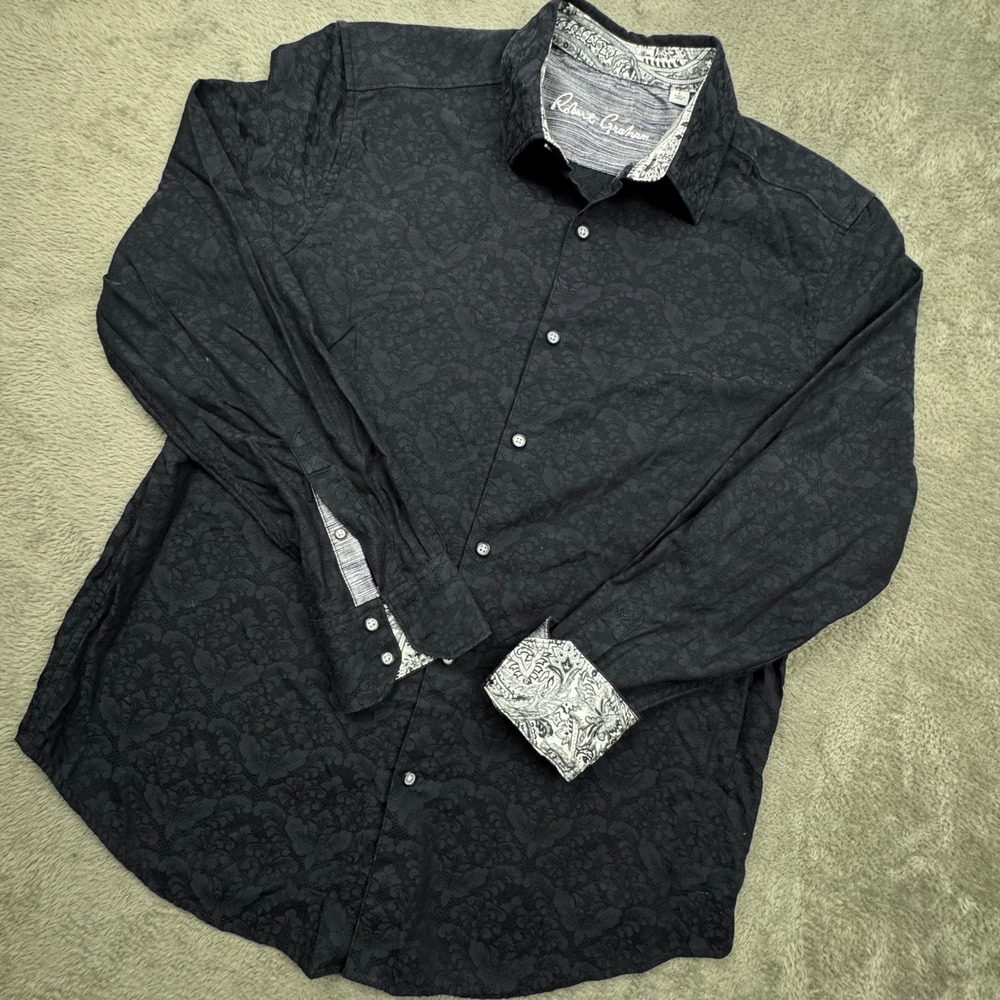 Robert Graham Shirt Mens L Black Excellent Damask Jacquard Paisley Flip Cuffs